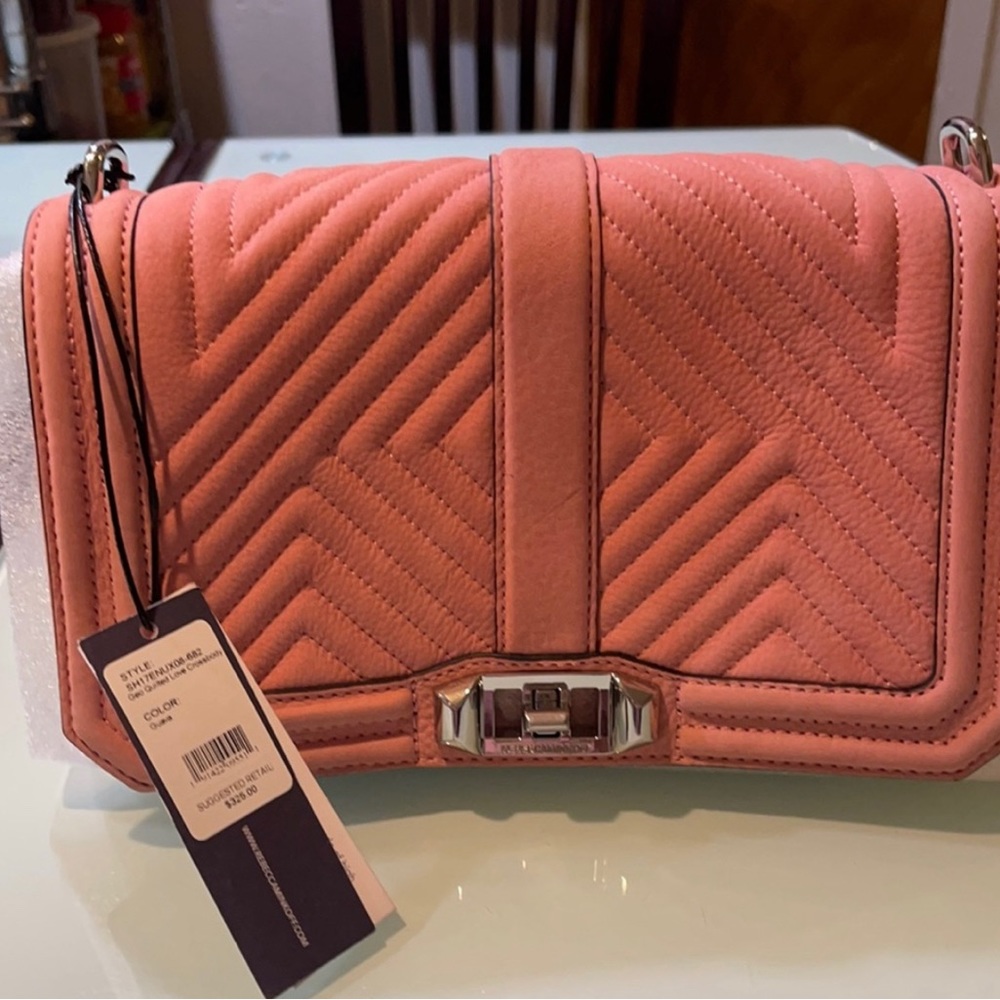 NEW! Rebecca Minkoff Love Cross Body Chevron Geo Quilted Pink Suede